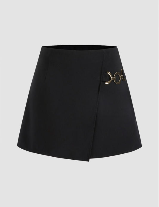 Short Black Skirt with Gold Buckle Detail