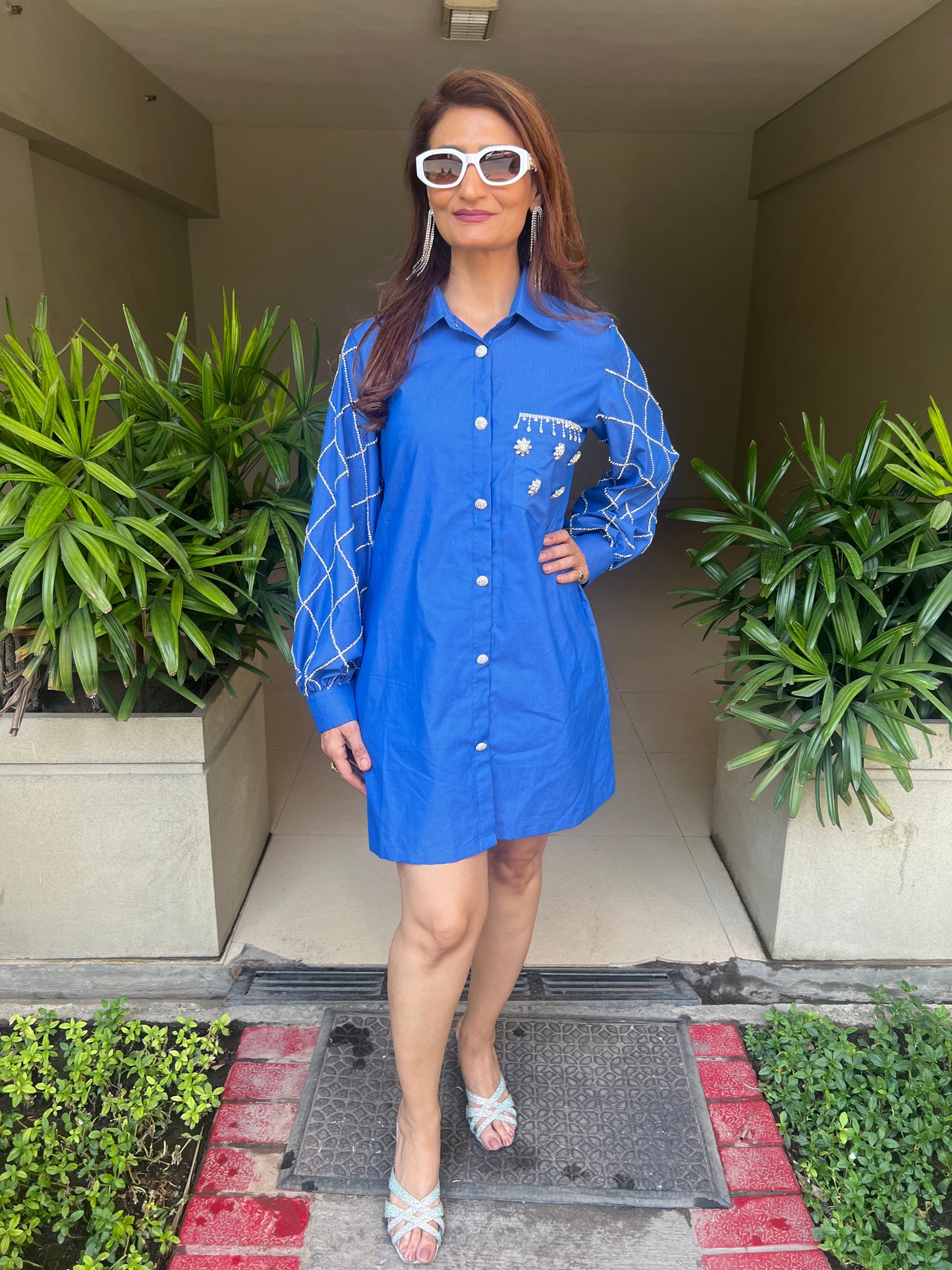 Trendy Denim Shirt Dress with Embellished Sleeves & Pocket