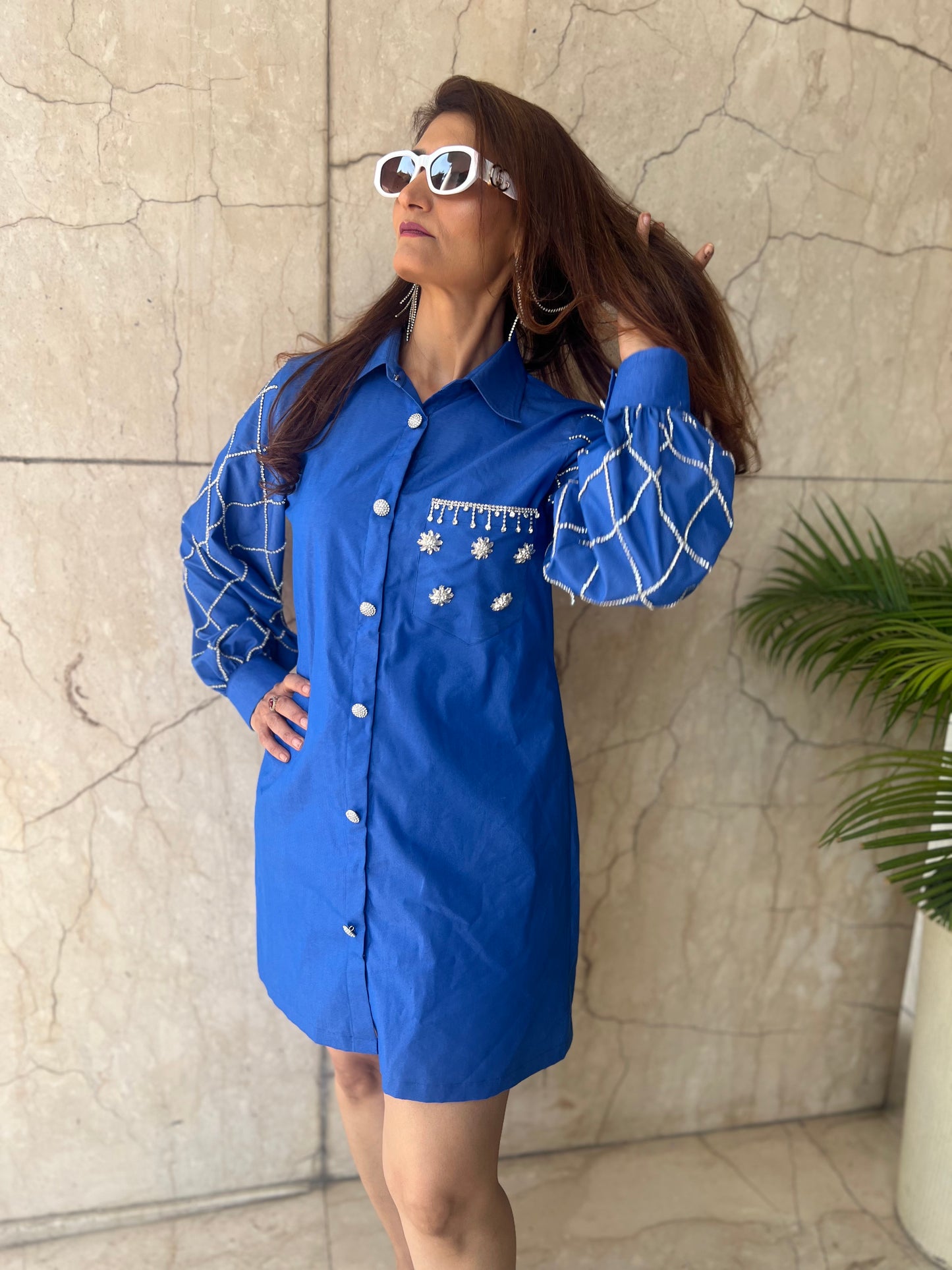 Trendy Denim Shirt Dress with Embellished Sleeves & Pocket