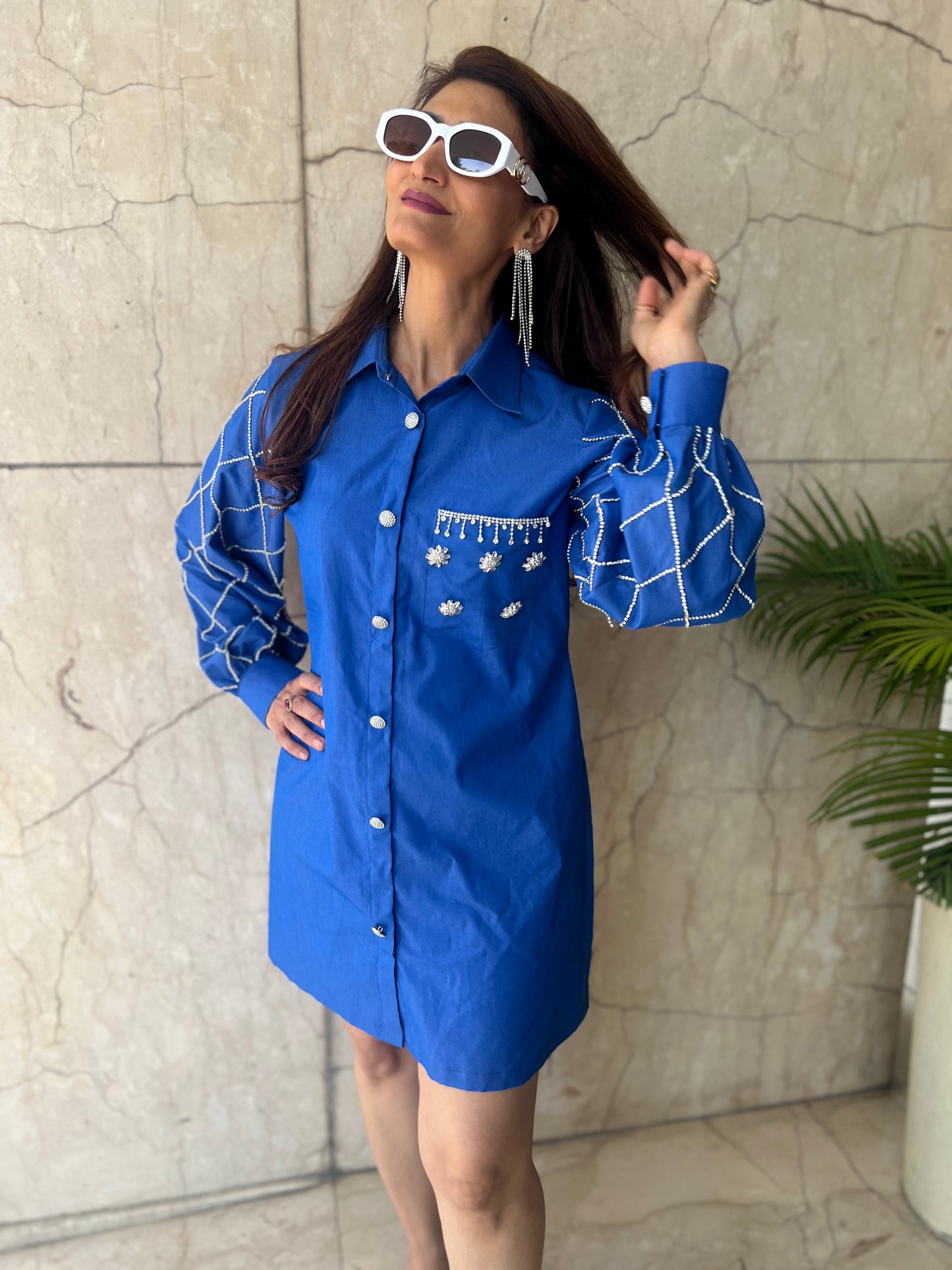 Trendy Denim Shirt Dress with Embellished Sleeves & Pocket