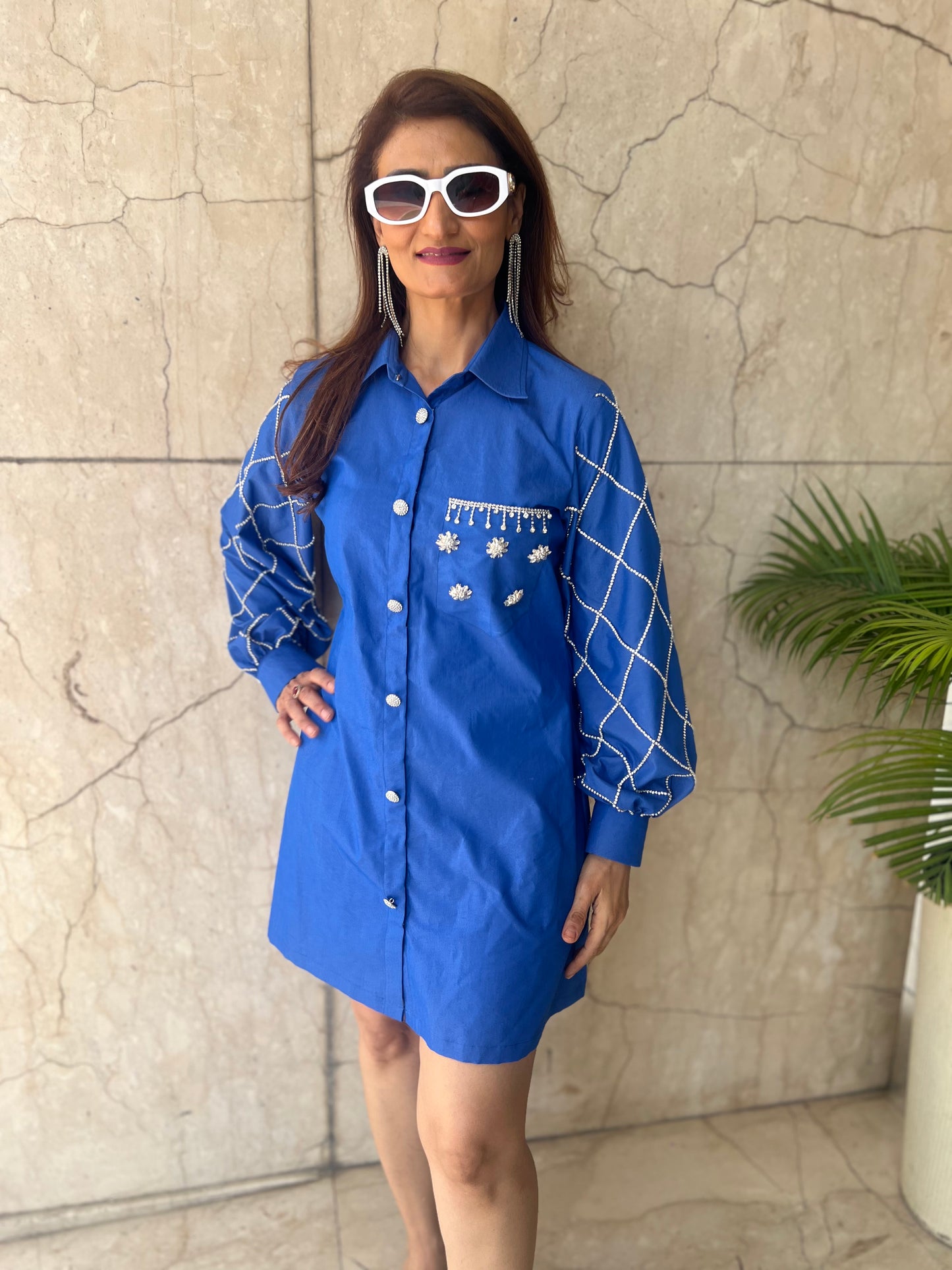 Trendy Denim Shirt Dress with Embellished Sleeves & Pocket