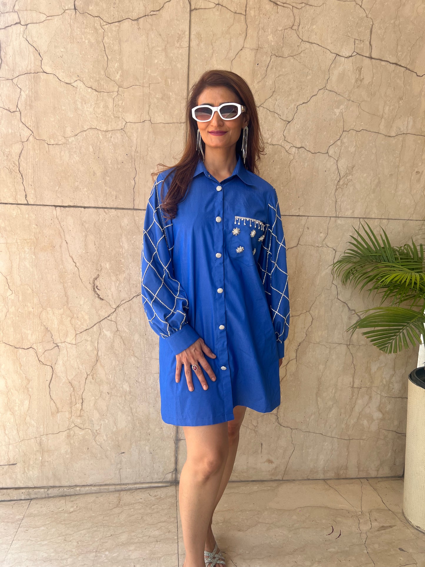 Trendy Denim Shirt Dress with Embellished Sleeves & Pocket