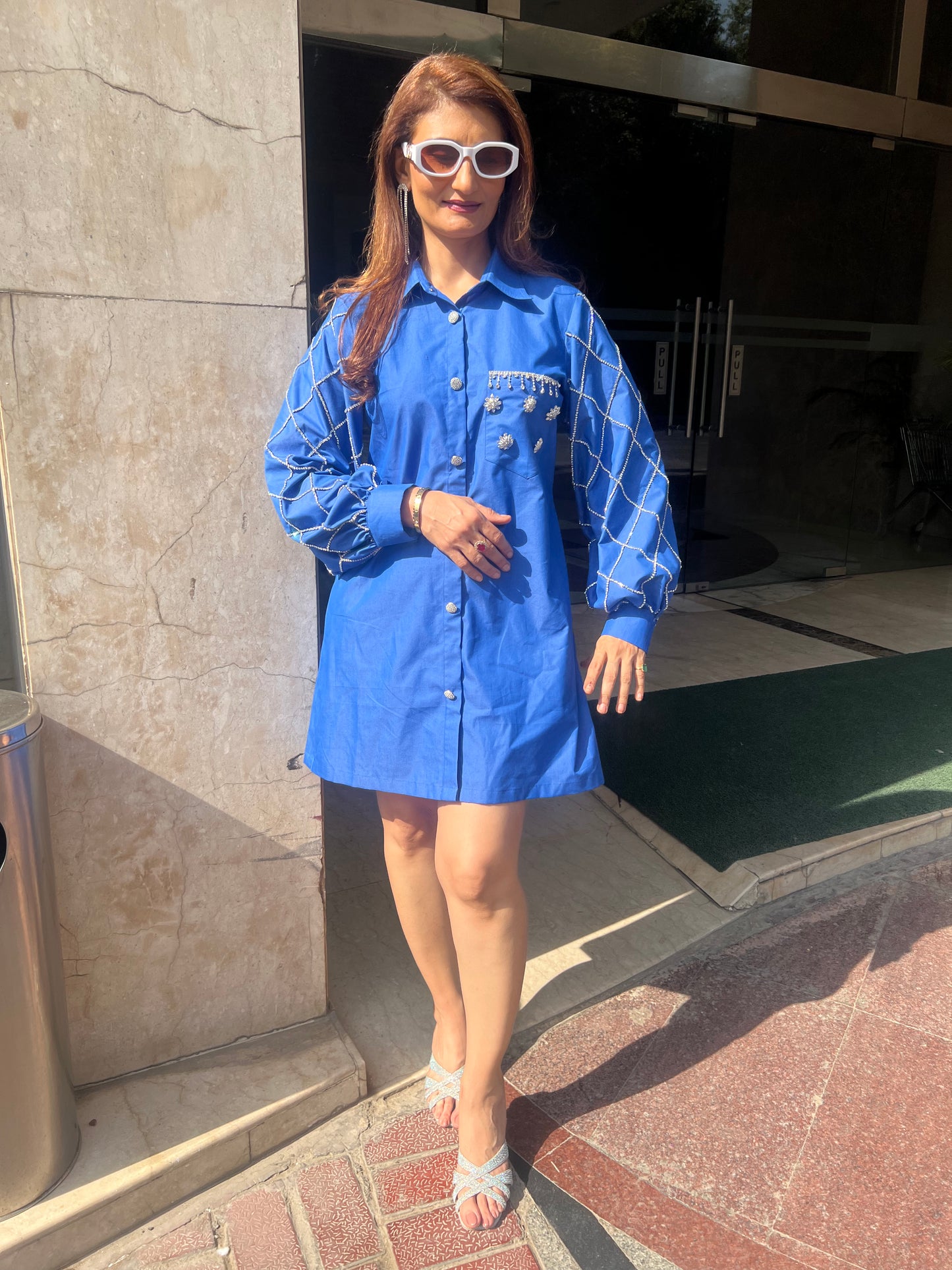 Trendy Denim Shirt Dress with Embellished Sleeves & Pocket