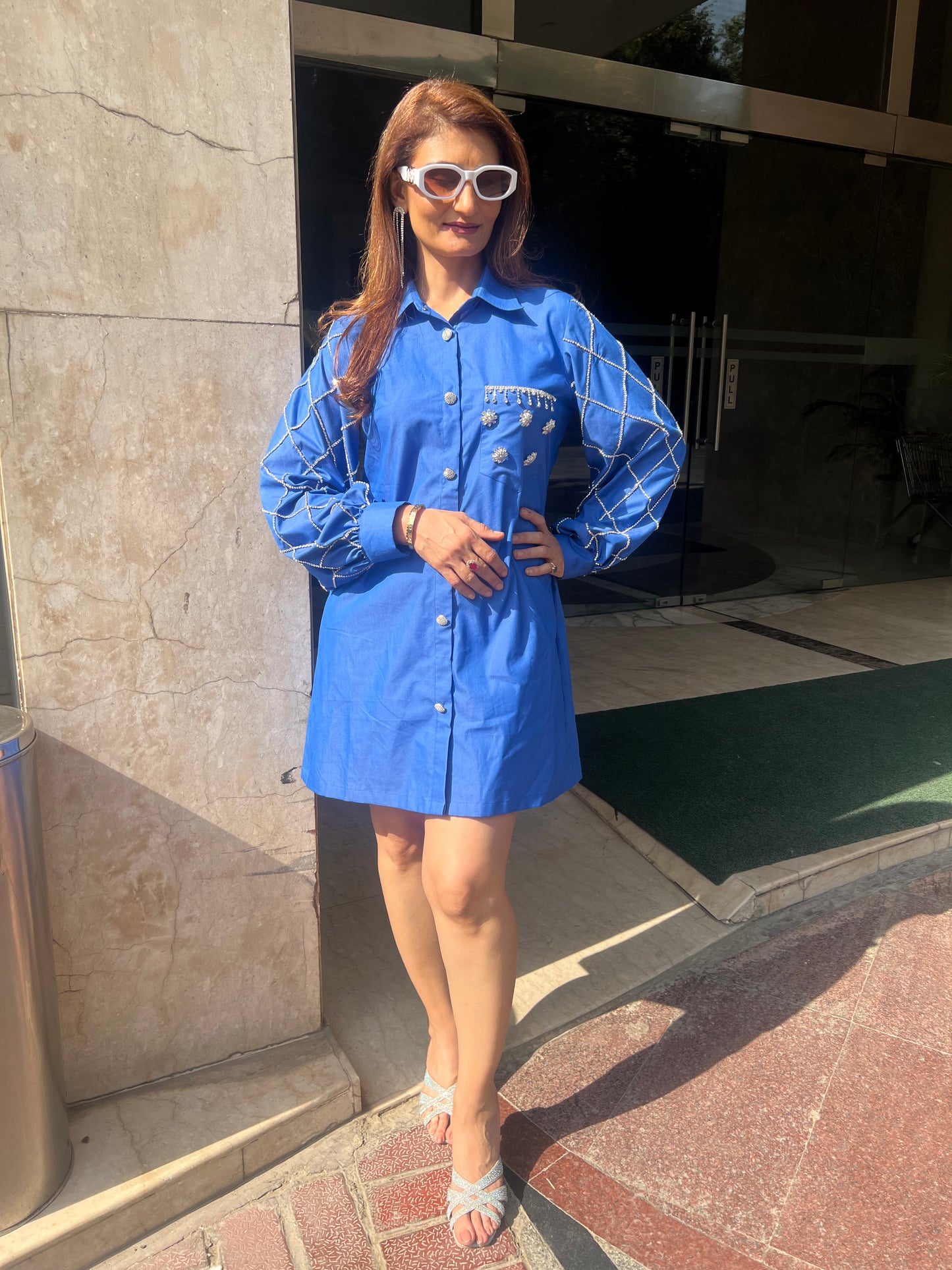 Trendy Denim Shirt Dress with Embellished Sleeves & Pocket