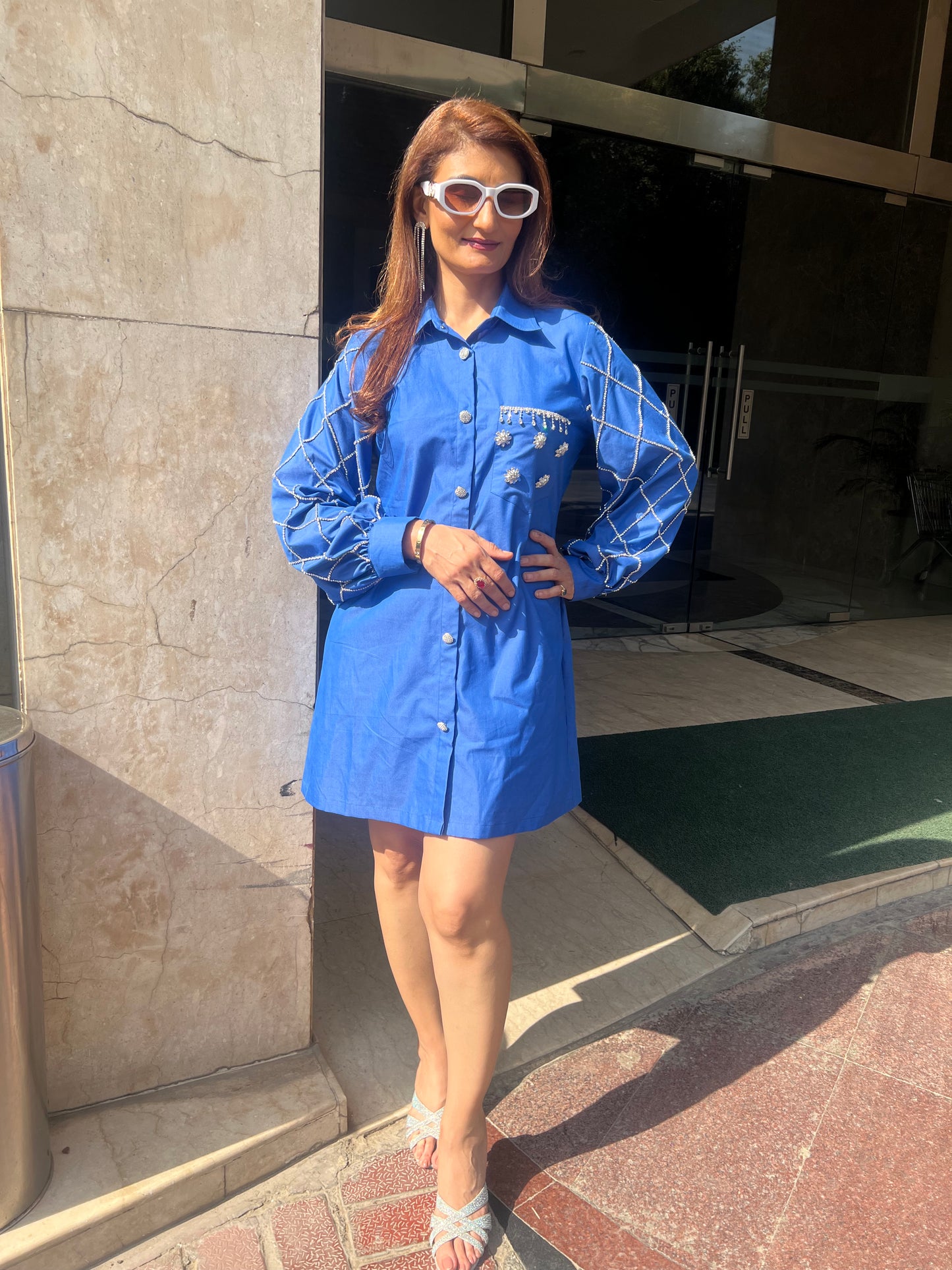 Trendy Denim Shirt Dress with Embellished Sleeves & Pocket