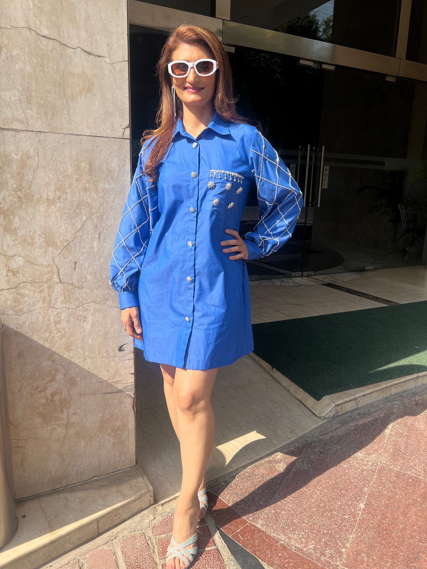 Trendy Denim Shirt Dress with Embellished Sleeves & Pocket