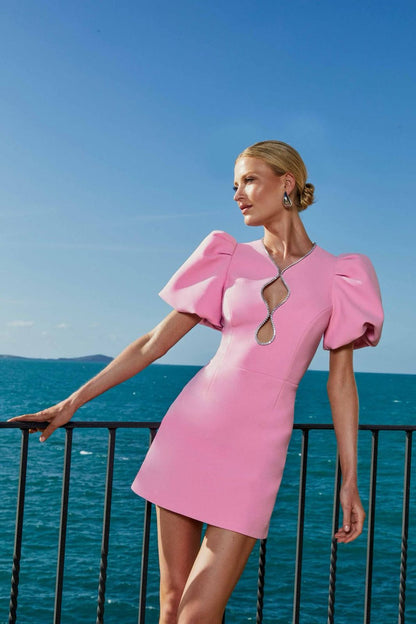 Blush Pink Crystal Keyhole Mini Dress -NZD60