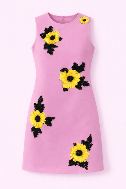 Pink Dress with Yellow and Black 3D Floral Embellishments - NZD55