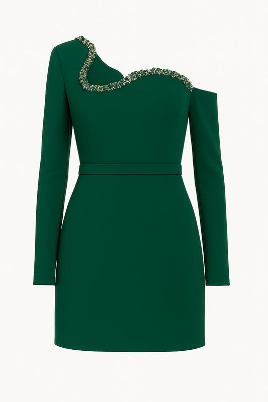 Emerald Cascade Embellished Crepe Dress