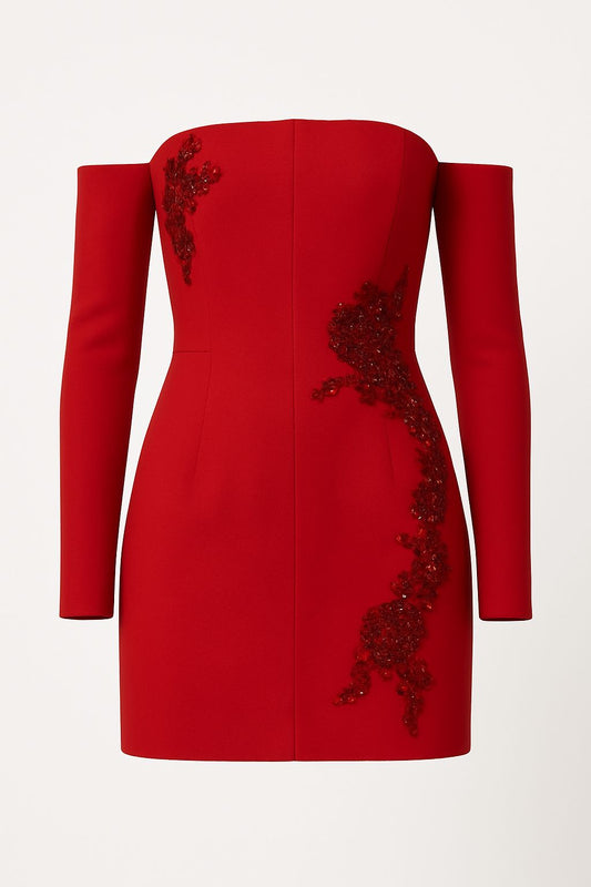 Crimson Ember Embellished Crepe Dress