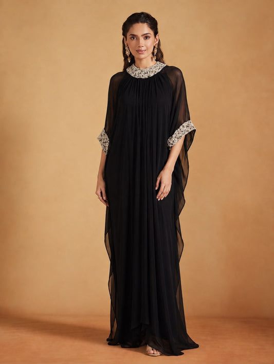 Midnight Black Embellished Collar & Cuff Kaftan