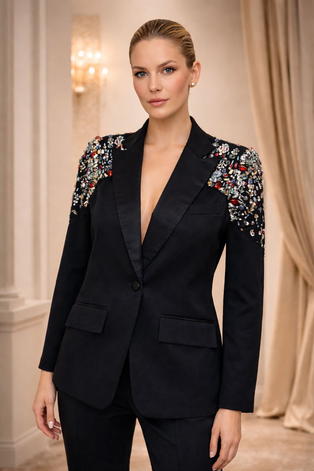 Black Plain Blazer Co-Ord Set with Pants and Stonework - NZC28