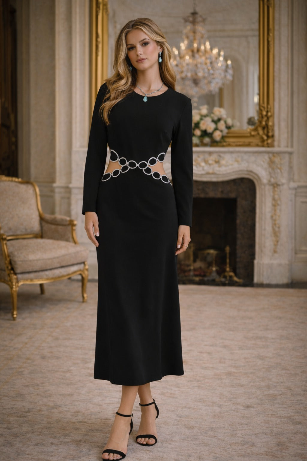 Black Cut-Out Dress with Stonework