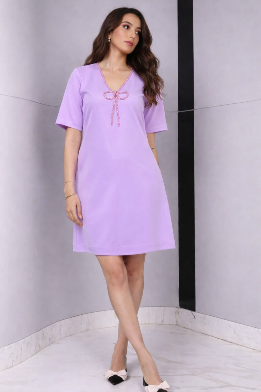 Chic Lilac Short Dress with Embellished V-Neck & Bow Dress - NZD35