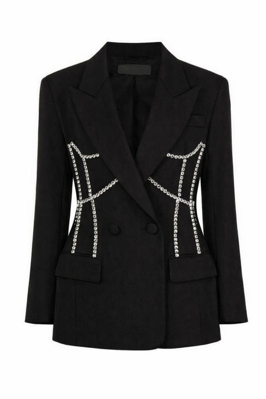 Black Collared Blazer with Stonework Detailing