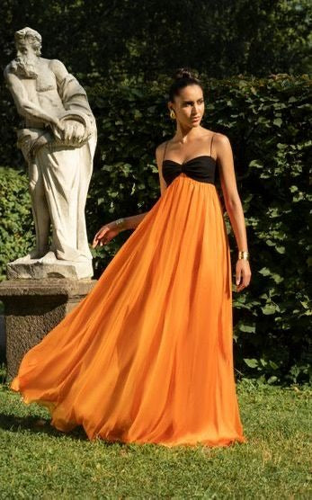 Vibrant Apricot Pleated Georgette Gown