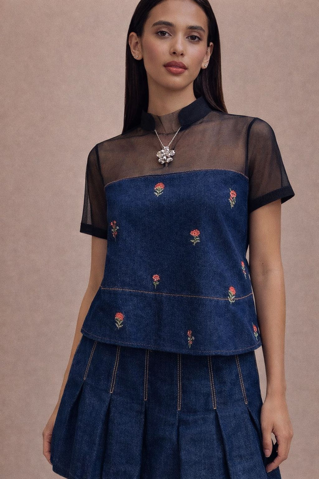 Denim Sheer Yoke Co-Ord Set