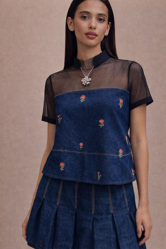 Denim Sheer Yoke Co-Ord Set