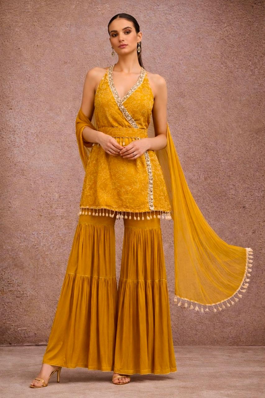 Chic Sharara Set with Halter Neck Kurta and Belted Waist