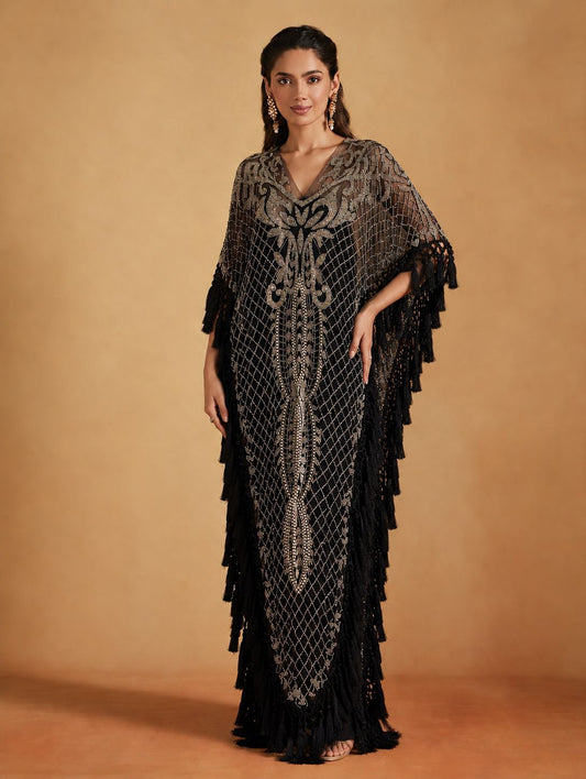 Black Embroidered Tassel Kaftan
