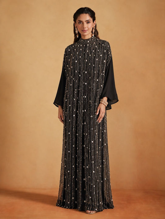 Midnight Black Sequin & Bead Embellished Kaftan