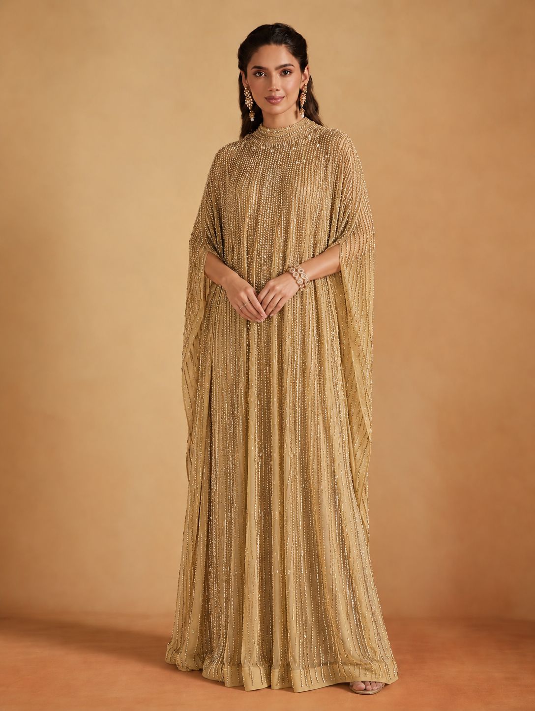 Golden Beige Sequin & Bead Embellished Kaftan