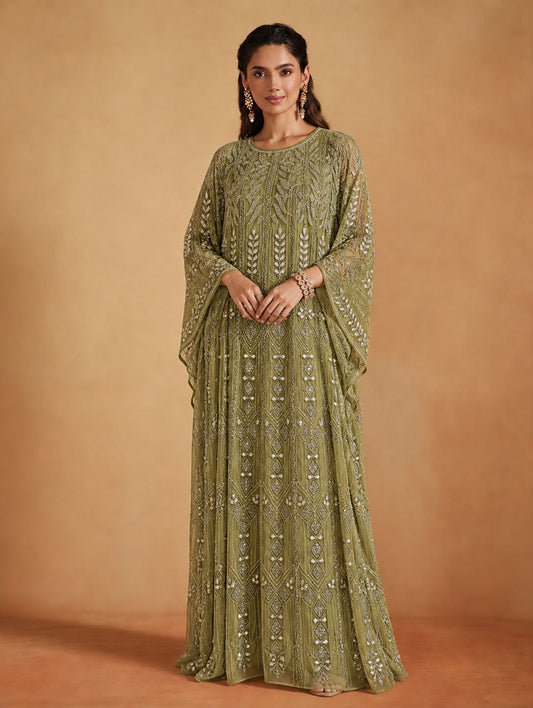 Sage Silver Floral Embellished Kaftan