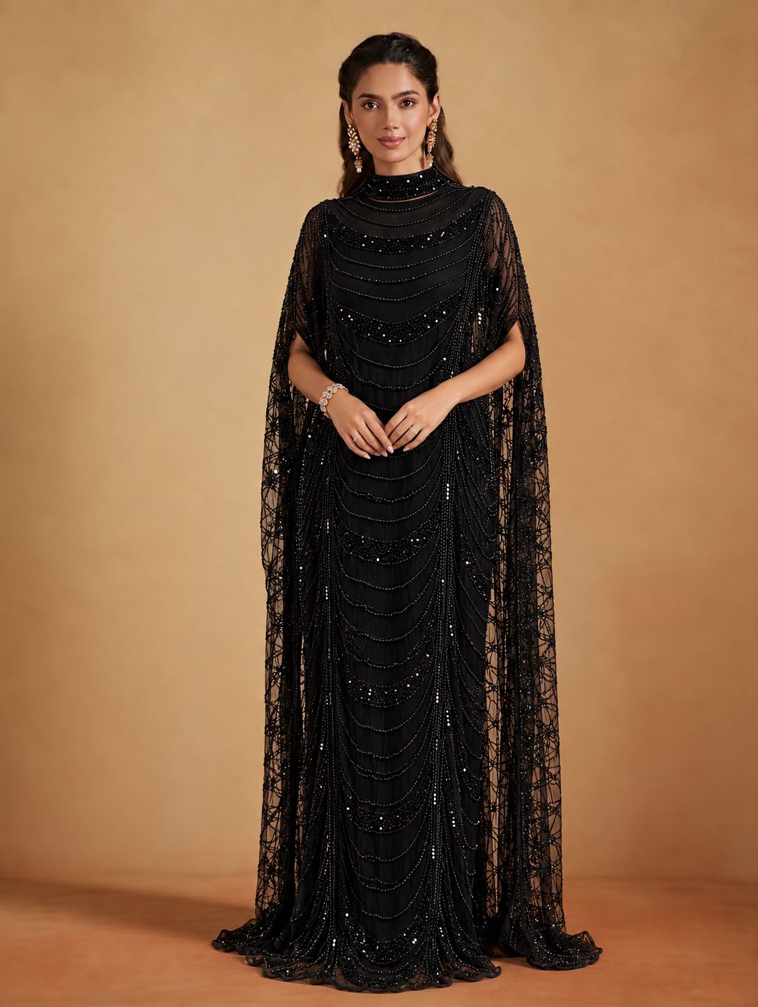 Midnight Black Draped Beaded Kaftan