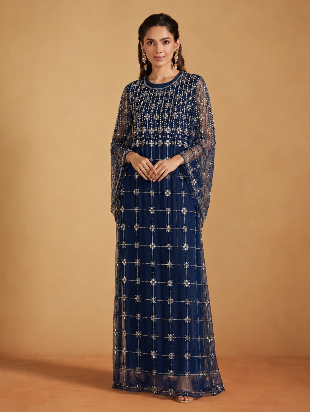 Navy Blue Floral Embellished Kaftan