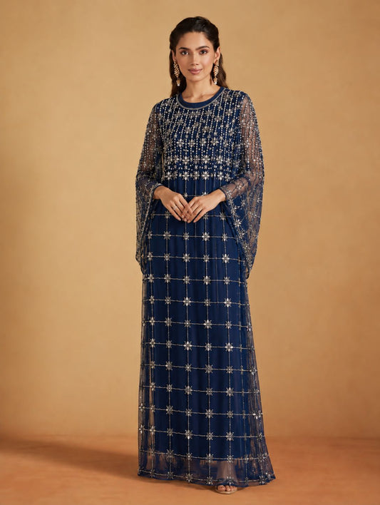 Navy Blue Floral Embellished Kaftan