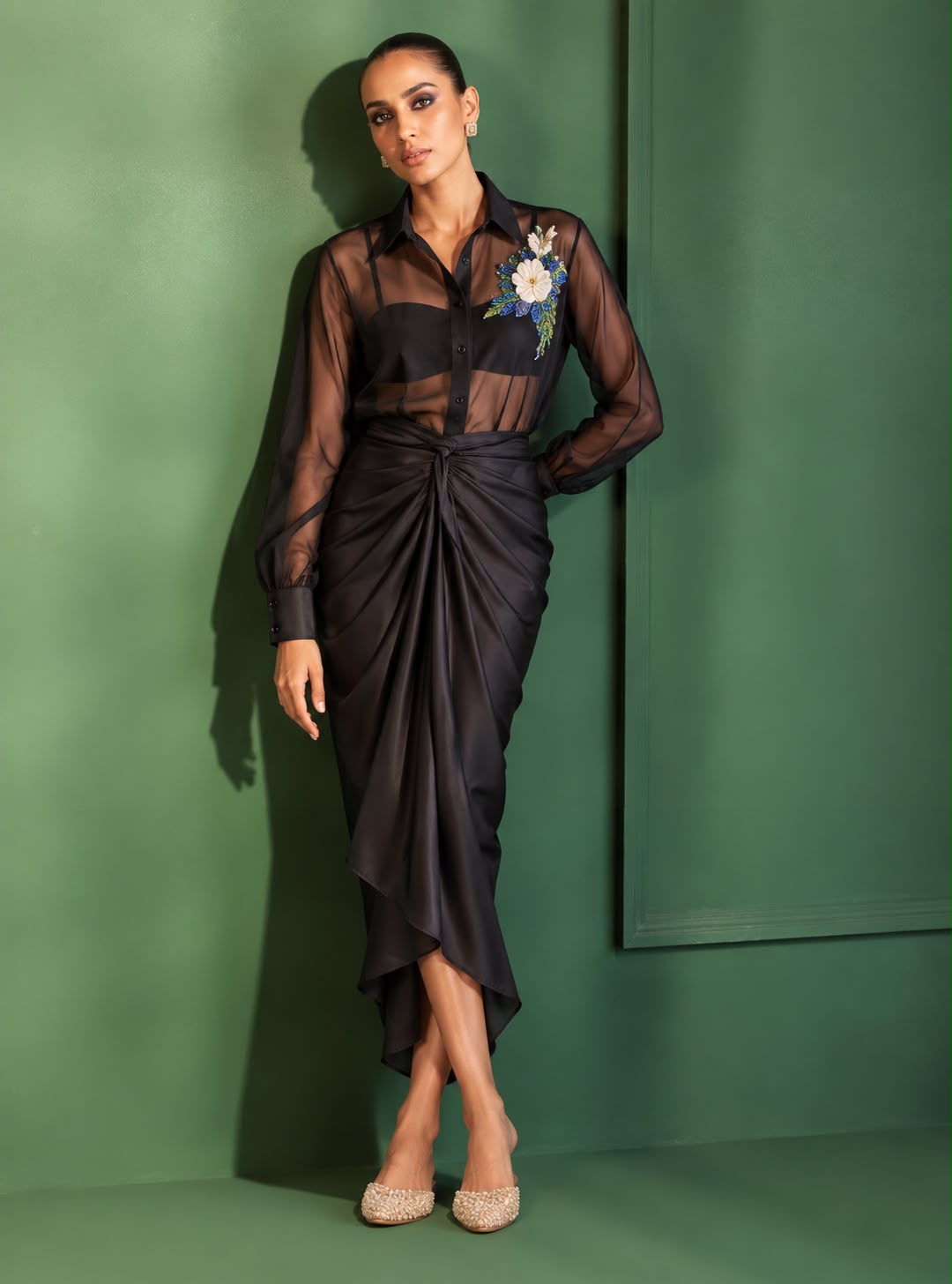 Noir Fleur Draped Skirt Set