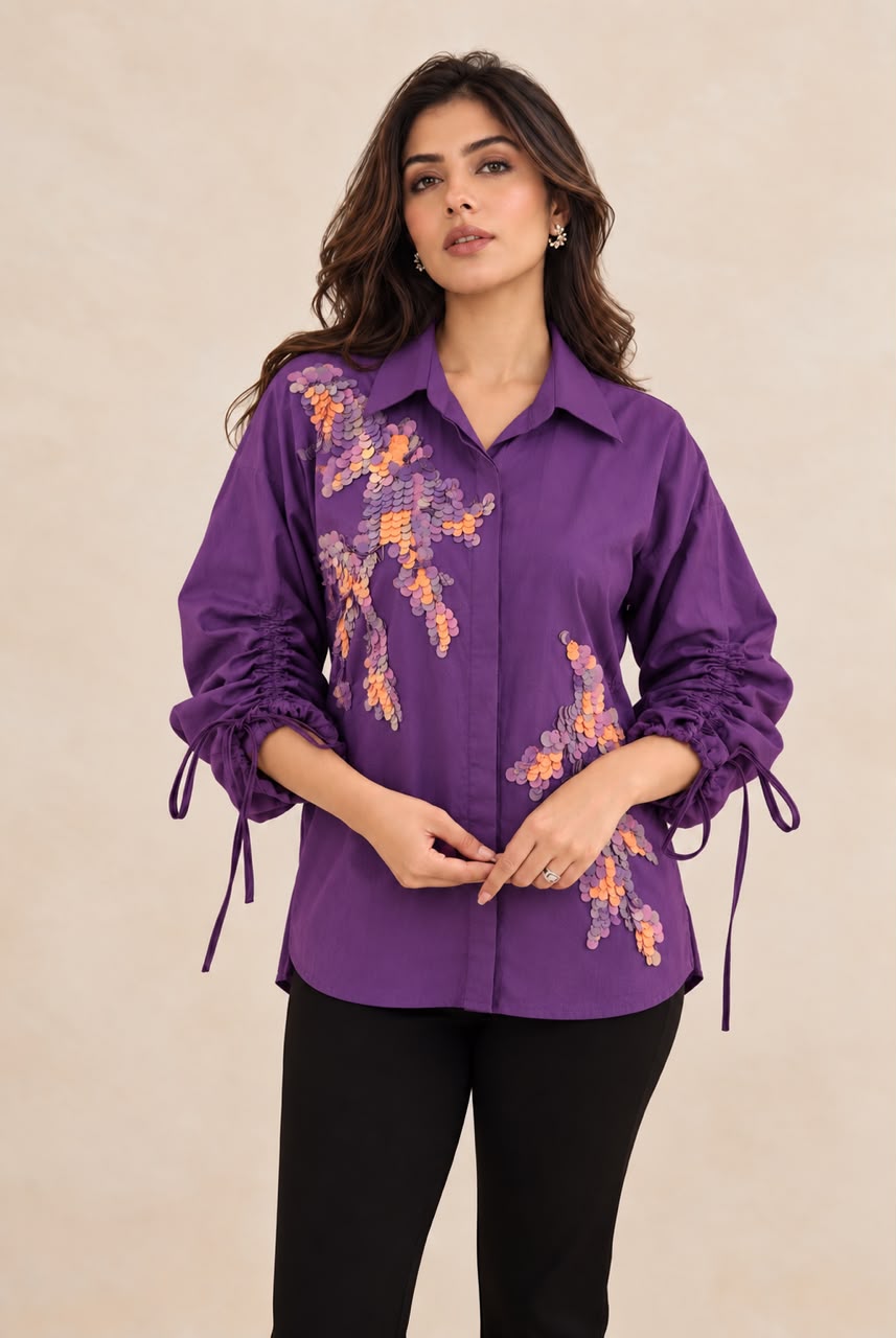 Royal Purple Sequin Floral Embroidered Tie-Up Shirt