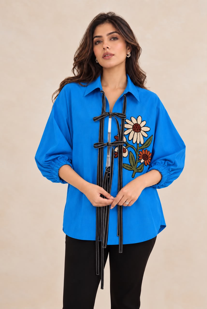Royal Blue Floral Embroidered Tie-Up Shirt
